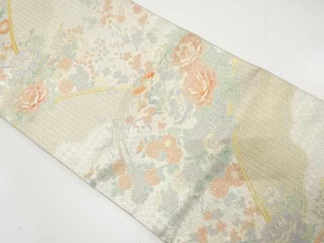 佐賀錦　光悦垣に尾長鳥・菊模様織り出し　袋帯